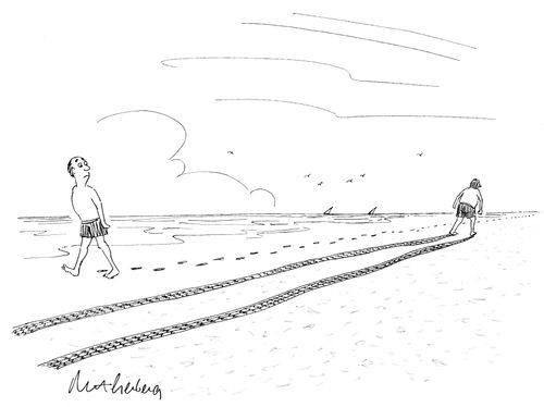 A man leaves tire tracks on the beach.