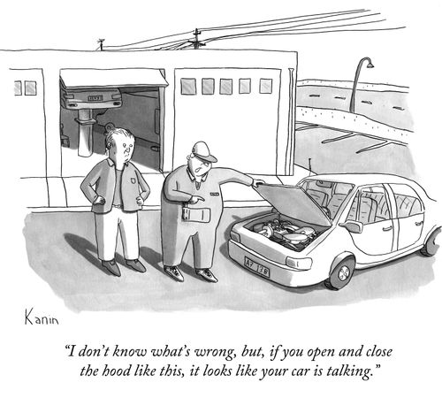 "I don't know what's wrong, but, if you open and close the hood like this, it looks like your car is talking."