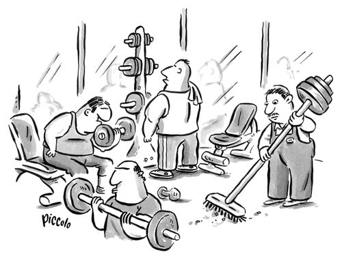 A janitor sweeps a gym with weights on his broom.