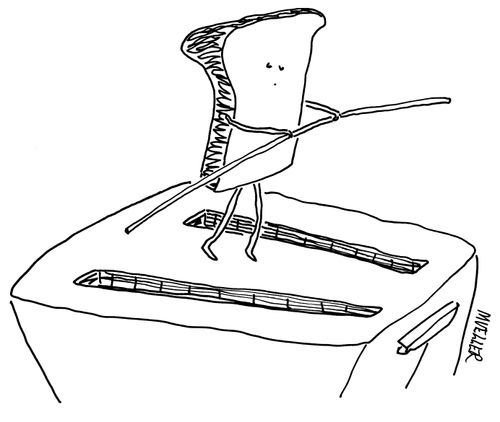 A slice of bread walks a tightrope between slots on the toaster.