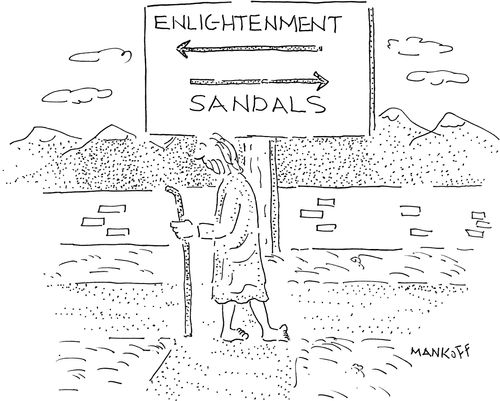 A man walks towards "Enlightenment" while his feet walk towards "Sandals".