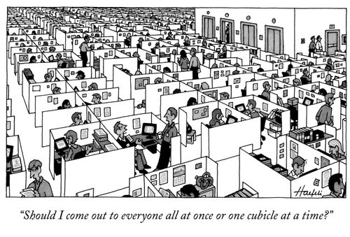 "Should I come out to everyone all at once or one cubicle at a time?"