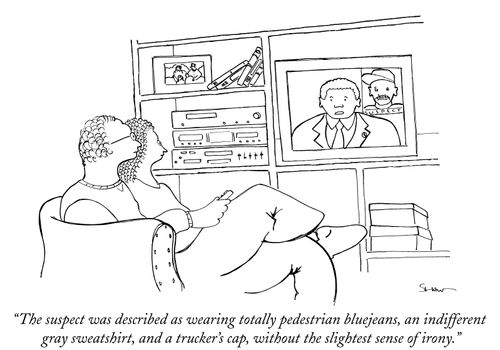 "The suspect was described as wearing totally pedestrian bluejeans, an indifferent gray sweatshirt, and a trucker's cap, without the slightest sense of irony."