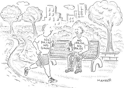 A man with a shirt reading 'No Pain No Gain' runs past a man who is relaxing with a 'No Pain No Pain' shirt on.
