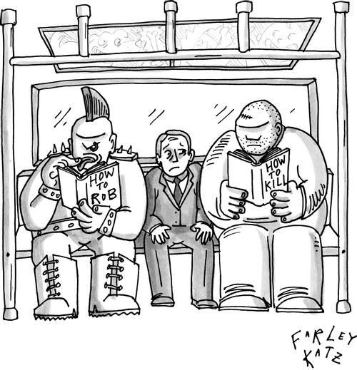A man is sat between thugs on the subway.