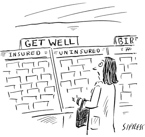 Woman looking at "Get Well" cards which have been divided into two sections: "Insured" and "Uninsured".