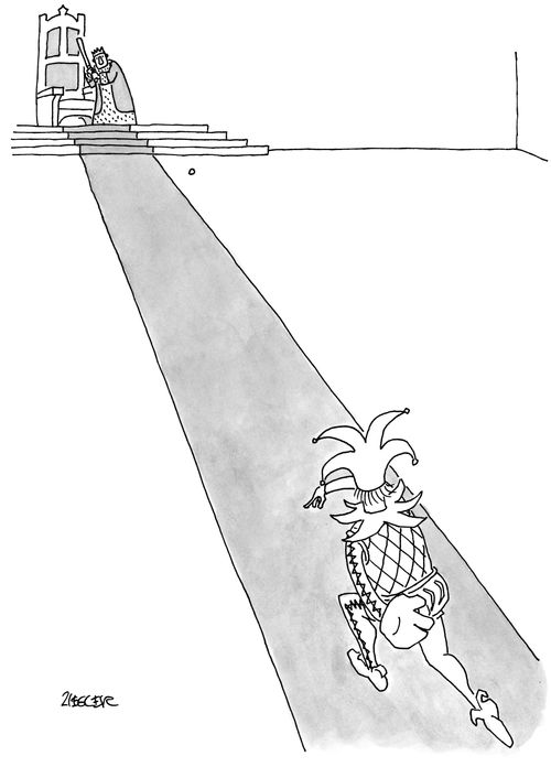 A court jester pitches a ball to a king.