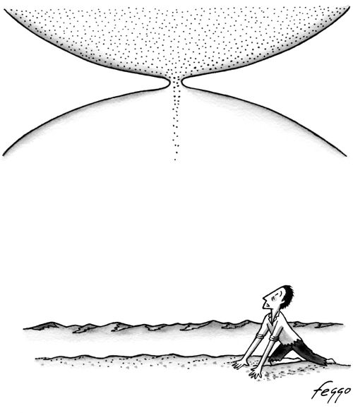 Man in a desert looks up to see a sand timer sprinkling sand below.