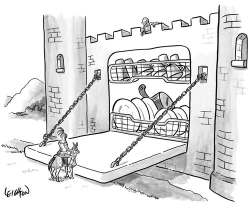 Castle drawbridge opens to reveal a dishwasher