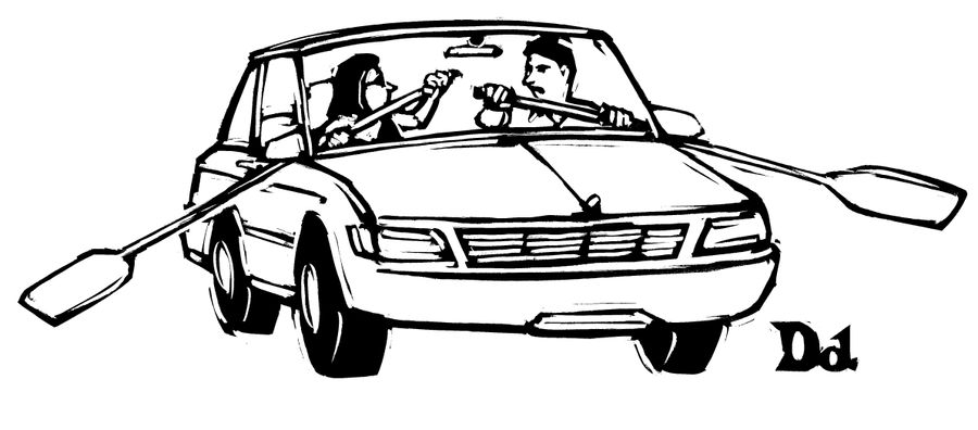 A man and woman use oars from within their car.