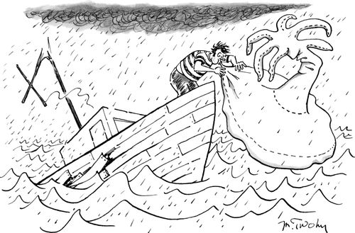 Man on a sinking ship blowing up an inflatable desert island.