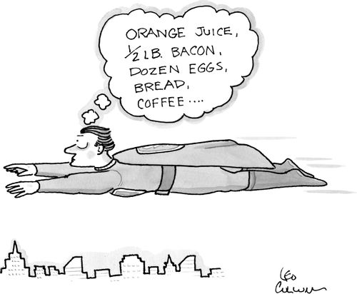 "Orange juice, 1/2 lb. bacon, dozen eggs, bread, coffee..."