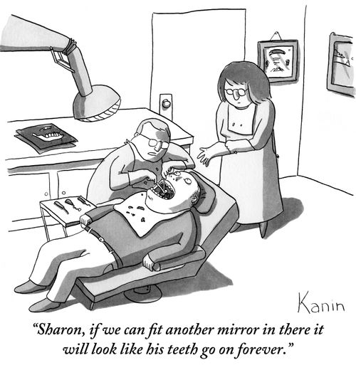 "Sharon, if we can fit another mirror in there it will look like his teeth go on forever."