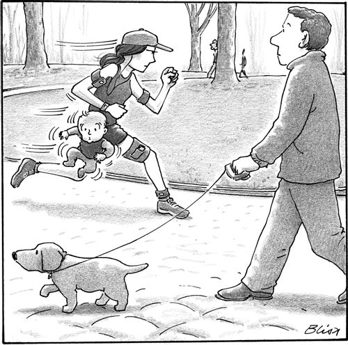 Man walking a dog is passed by a runner carrying a baby on her hip.