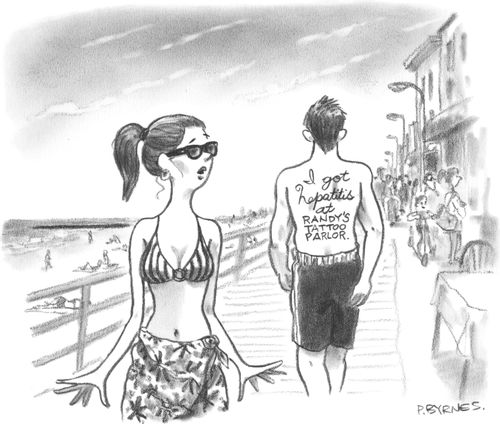A woman on a beach boardwalk looks shocked as a topless man walks past her with a back tattoo that reads "I got hepatitis at Randy's Tattoo Parlor." 