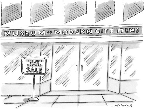 A sign outside the "Museum of Modern Gift Items" reads "T-shirts of the Masters Sale".