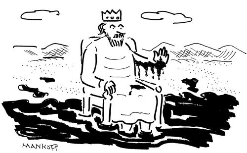 A king sits in a pool of oil.