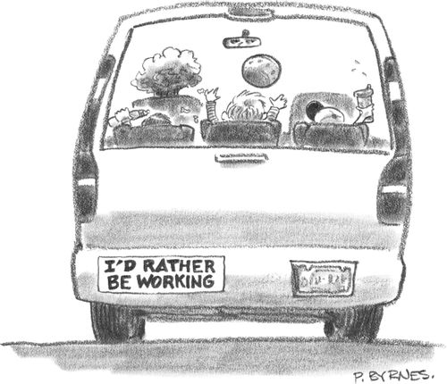 A mother drives a mini-van full of kids; her bumper sticker reads "I'd rather be working".