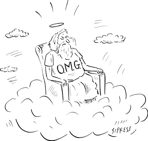 God sits, wearing a shirt that says "O.M.G."