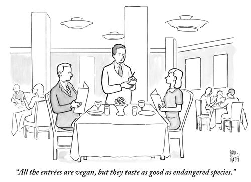 "All the entrées are vegan, but they taste as good as endangered species."