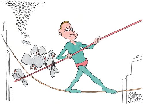 A tightrope walker is thrown off by birds landing on one side of his balancing pole.