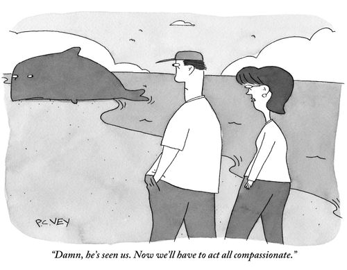 "Damn, he's seen us. Now we'll have to act all compassionate."