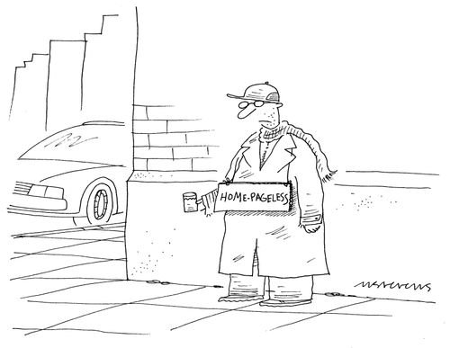 A panhandler with a sign that reads "Home-pageless".
