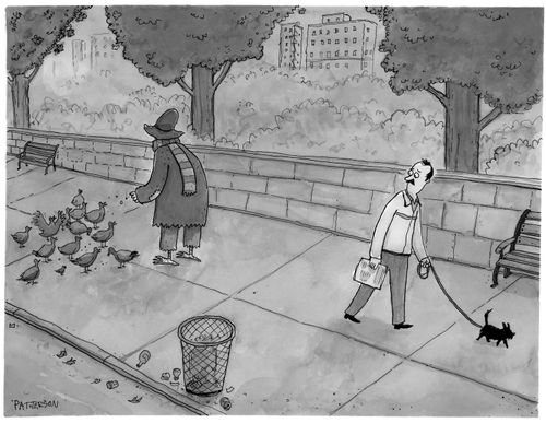 A man walking his dog sees a mysterious figure with bird feet feeding pigeons.