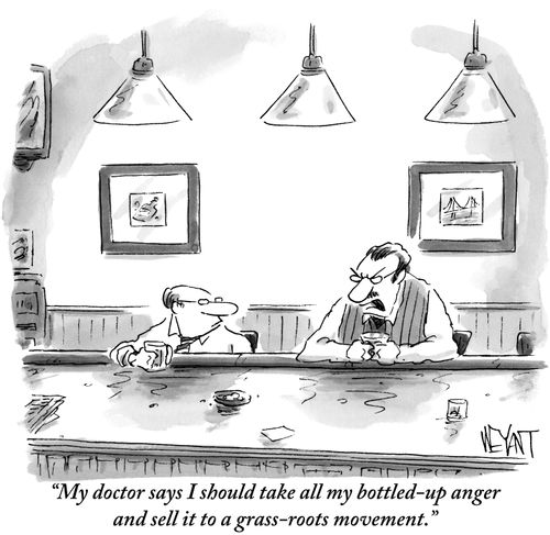 "My doctor says I should take all my bottled-up anger and sell it to a grass-roots movement."