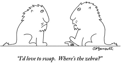 "I'd love to swap. Where's the zebra?"