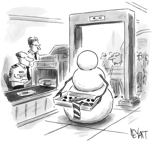 Snowman going through airport security