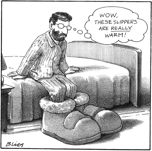 "Wow, these slippers are really warm!"
