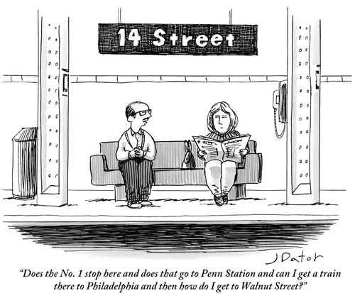 "Does the No. 1 stop here and does that go to Penn Station and can I get a train there to Philadelphia and then how do I get to Walnut Street?"