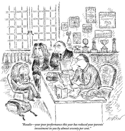 "Rosalie—your poor performance this year has reduced your parents' investment in you by almost seventy per cent."