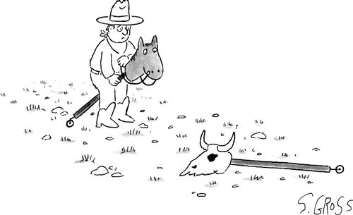 A boy dressed as a cowboy riding a stick horse encounters a stick with a cow's skull at the end lying on the ground.