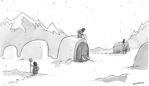 Cavemen shoveling out their woolly mammoths, in the same way that modern day drivers are forced to shovel out their cars.
