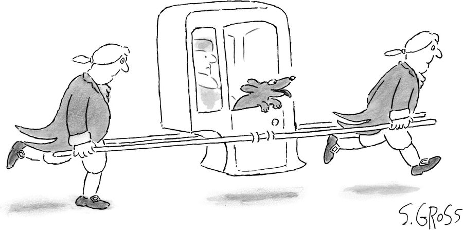 Two men toting a dog in a carriage by foot, while the dog sticks his head out the window.