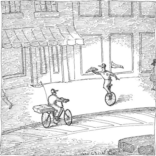 A pizza deliveryman rides a unicycle.