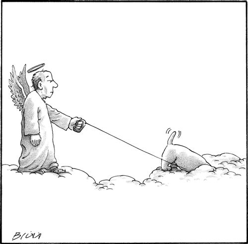 An angel walking a dog that has stopped to dig in a cloud 