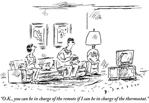 "O.K., you can be in charge of the remote if I can be in charge of the thermostat."