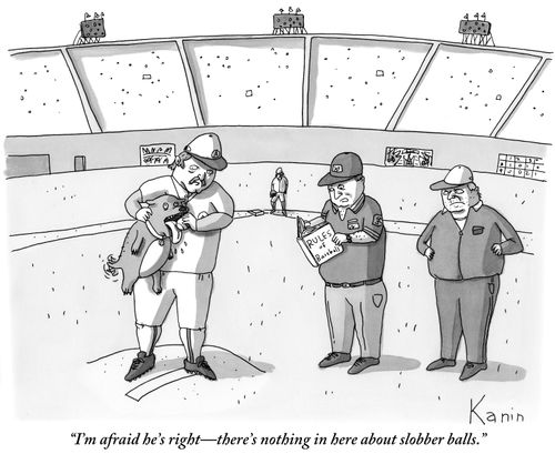 "I'm afraid he's right-there's nothing in here about slobber balls."
