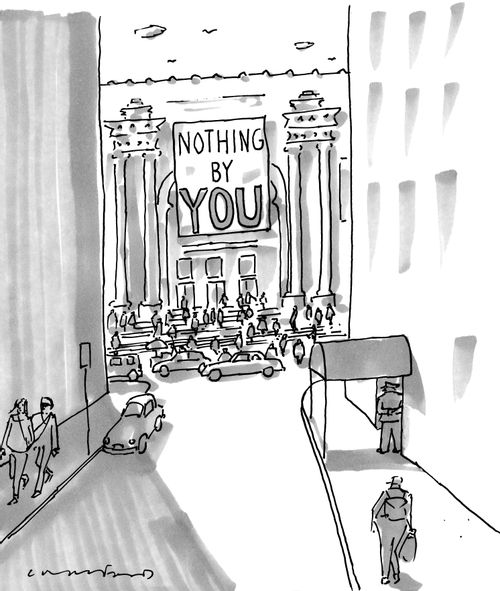The outside of a museum with a banner that reads "Nothing by you".