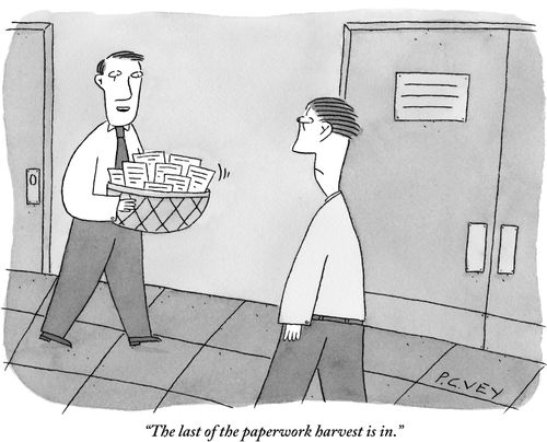 "The last of the paperwork harvest is in."