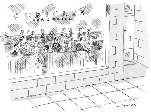 Restaurant with cubicles called "Cubicles Bar & Grill".