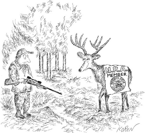 Hunter looking at a deer wearing a sign saying "N.R.A. Member".