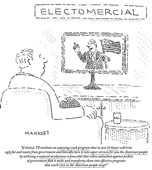 "If elected, I'll institute an AMAZING CRASH PROGRAM that in JUST 24 HOURS will trim ugly fat and waste from government and literally turn it into SUPER SERVICES for you the AMERICAN PEOPLE by utilizing a NATURAL MECHANISM so powerful that when unleashed 