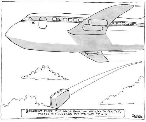 Frequent Flier Tom Walstrom, on his way to Seattle, passes his luggage on it's way to L.A.