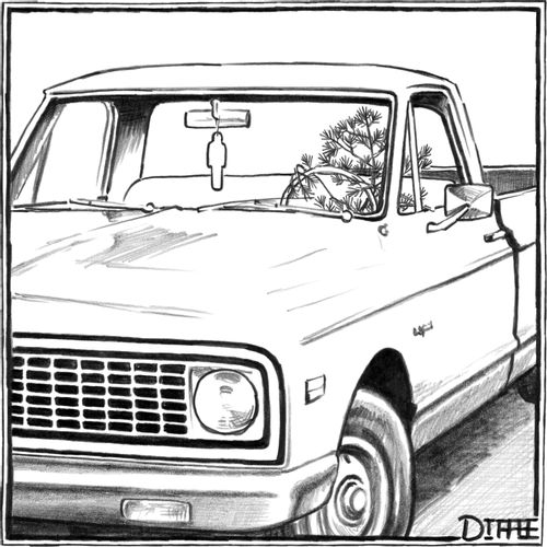 Pine tree driving a truck with a human-shaped air freshener hanging off the mirror