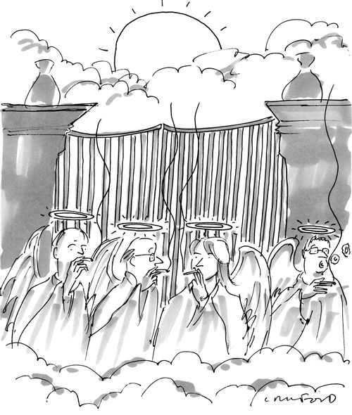 Angels smoking outside of the gates of heaven.