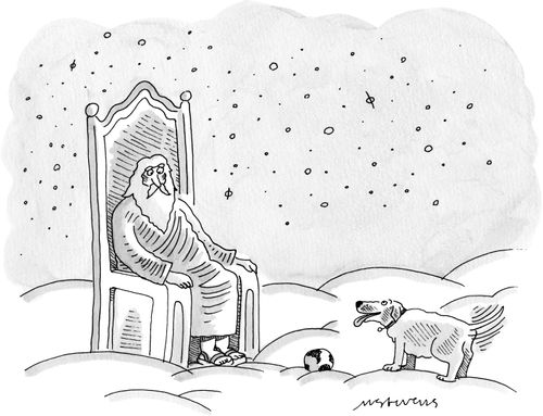 A dog fetches planet earth for God.